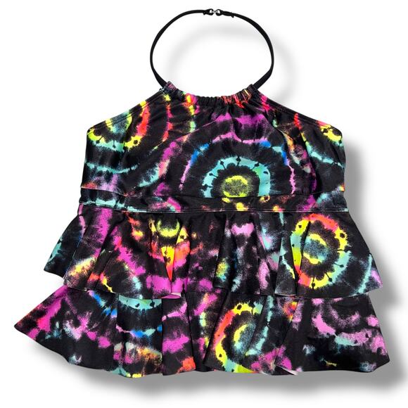 Wonder Nation Girls Tie Dye Tankini Swimsuit Top Ruffled Halter Top Black Large - Picture 1 of 6